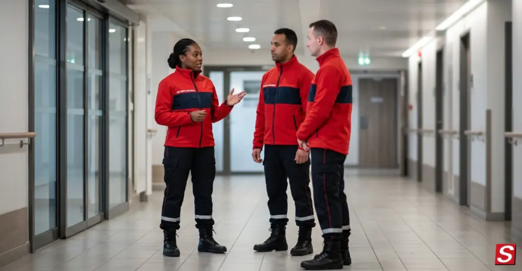 Chef de sécurité incendie avec deux agents de sécurité incendie.