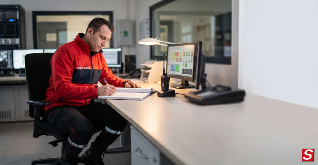 Agent de sécurité incendie qui tient à jour des documents.
