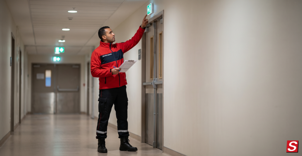 Agent de sécurité incendie qui vérifie l'éclairage d'évacuation.