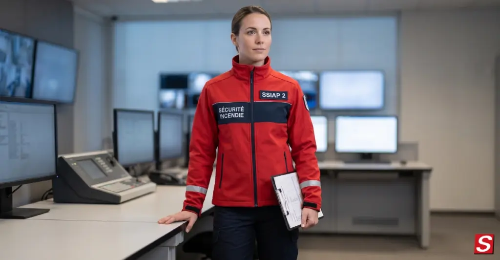 Femme chef d'équipe SSIAP 2 au poste de commandement de sécurité incendie.