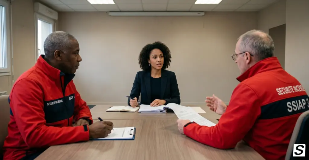 Épreuve orale SSIAP 3 avec une candidate face à deux chefs de service en tenue SSIAP.