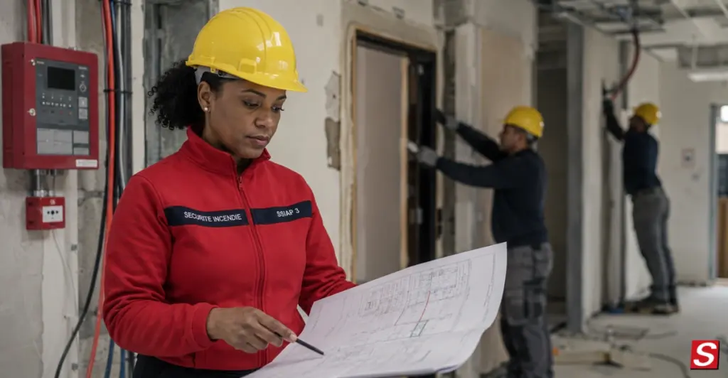 Chef de service SSIAP 3 supervisant des travaux de sécurité incendie dans un ERP.