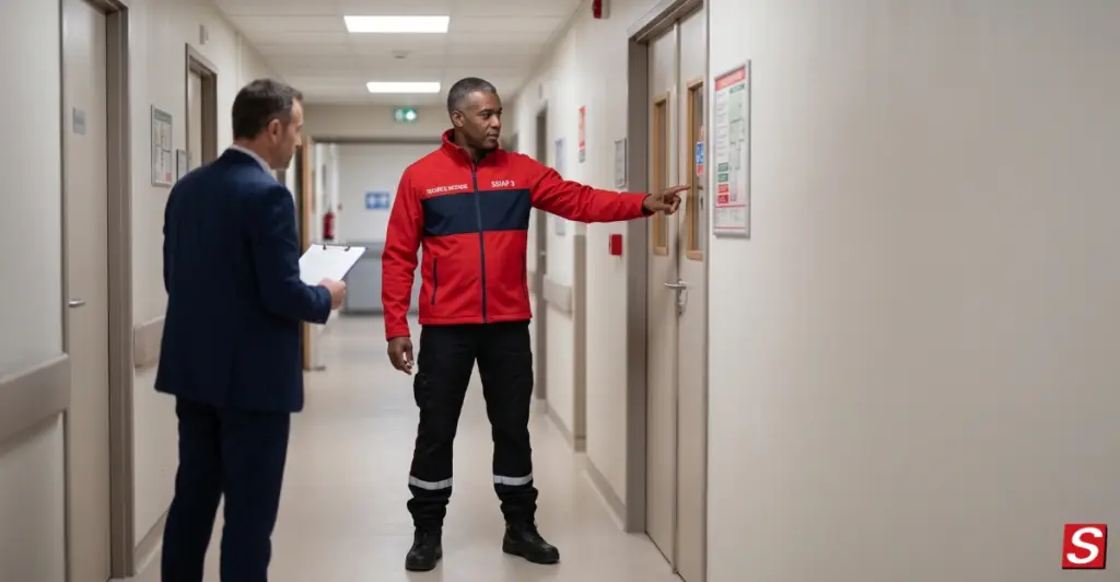 Le chef de service avec un membre de commission dans un couloir d'ERP