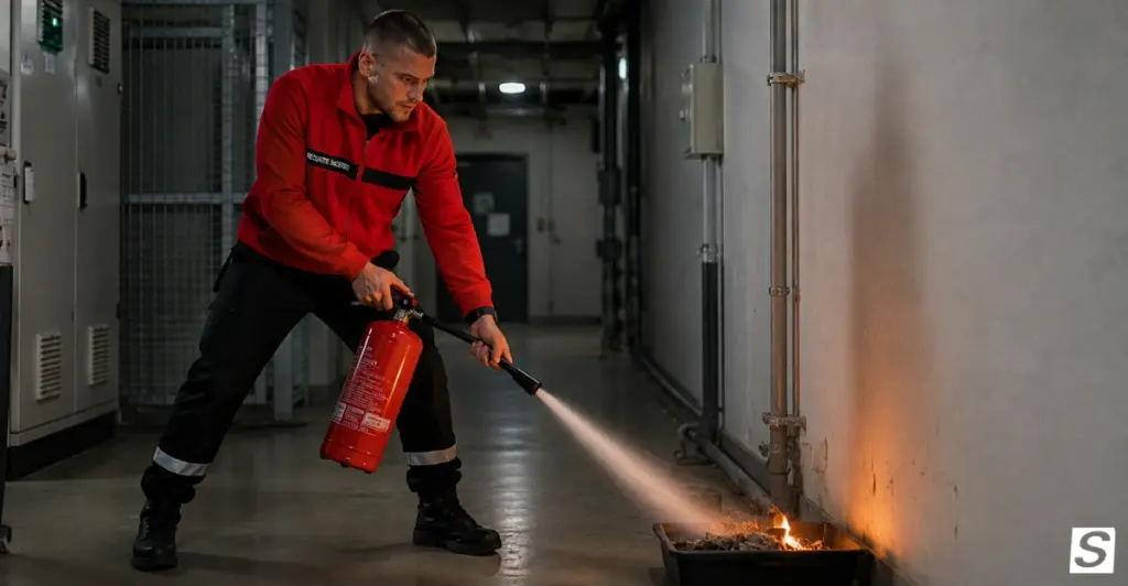 Agent de sécurité incendie qui intervient sur un début de feu.