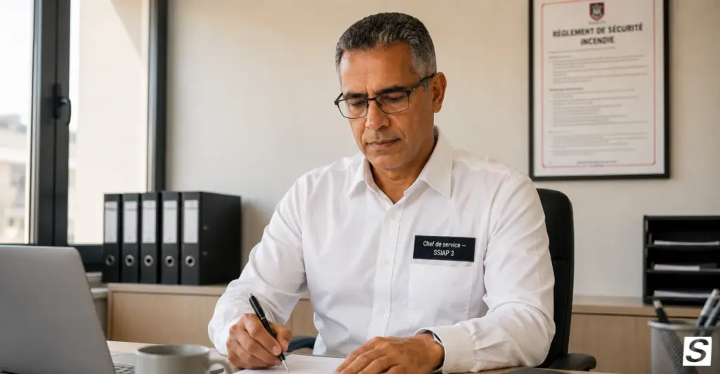 Chef de service SSIAP 3 dans son bureau.